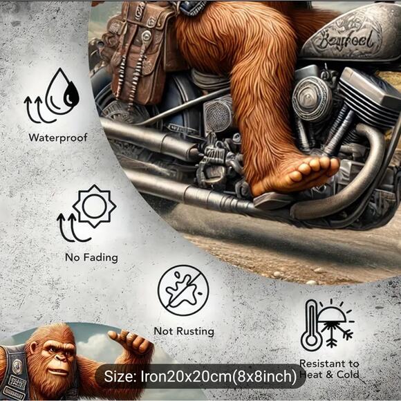 Metal Sasquash on a Motorcycle Round Sign for home, gift, or garage - Picture 3 of 4